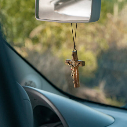 AUTO DEVOTIONAL: ST. BENEDICT WOODEN REARVIEW MIRROR CROSS