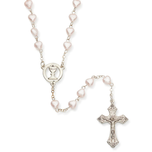 COMMUNION HEART PEARL ROSARY IN GREY VELVET BOX