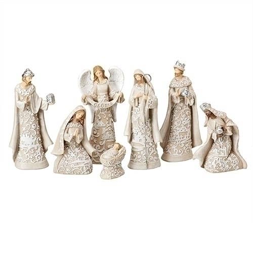 7-Pc Nativity Set W/ Angel Paper Cut Style 7.5"