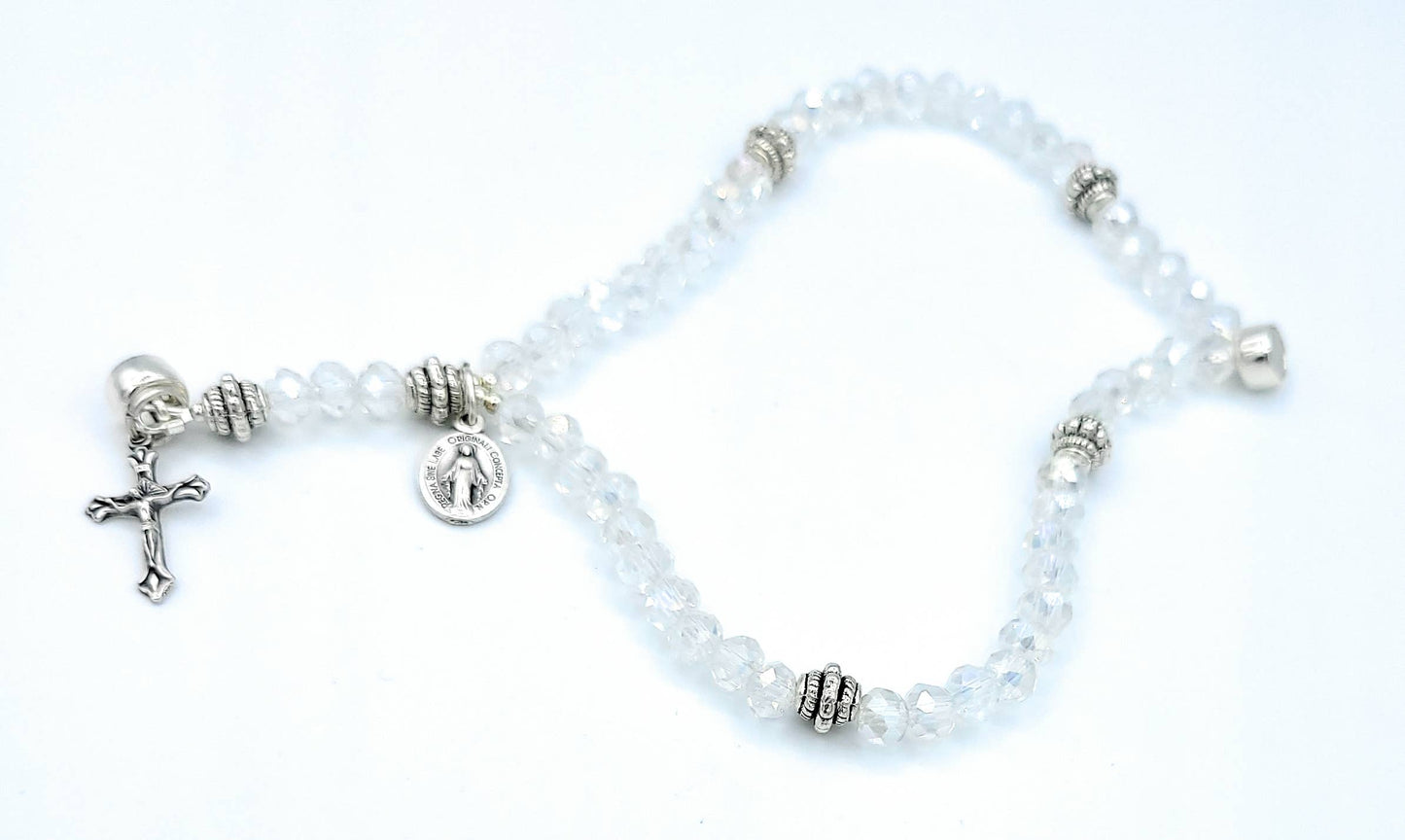 CLEAR CRYSTAL WRIST ROSARY FIVE DECADE W/AB COATING