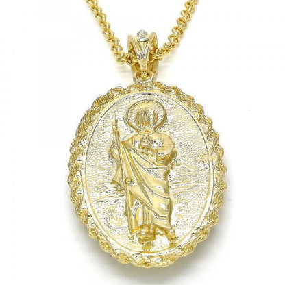 18K GOLD LAYERED OVAL PENDANT: ST. JUDE/OL GUADALUPE
