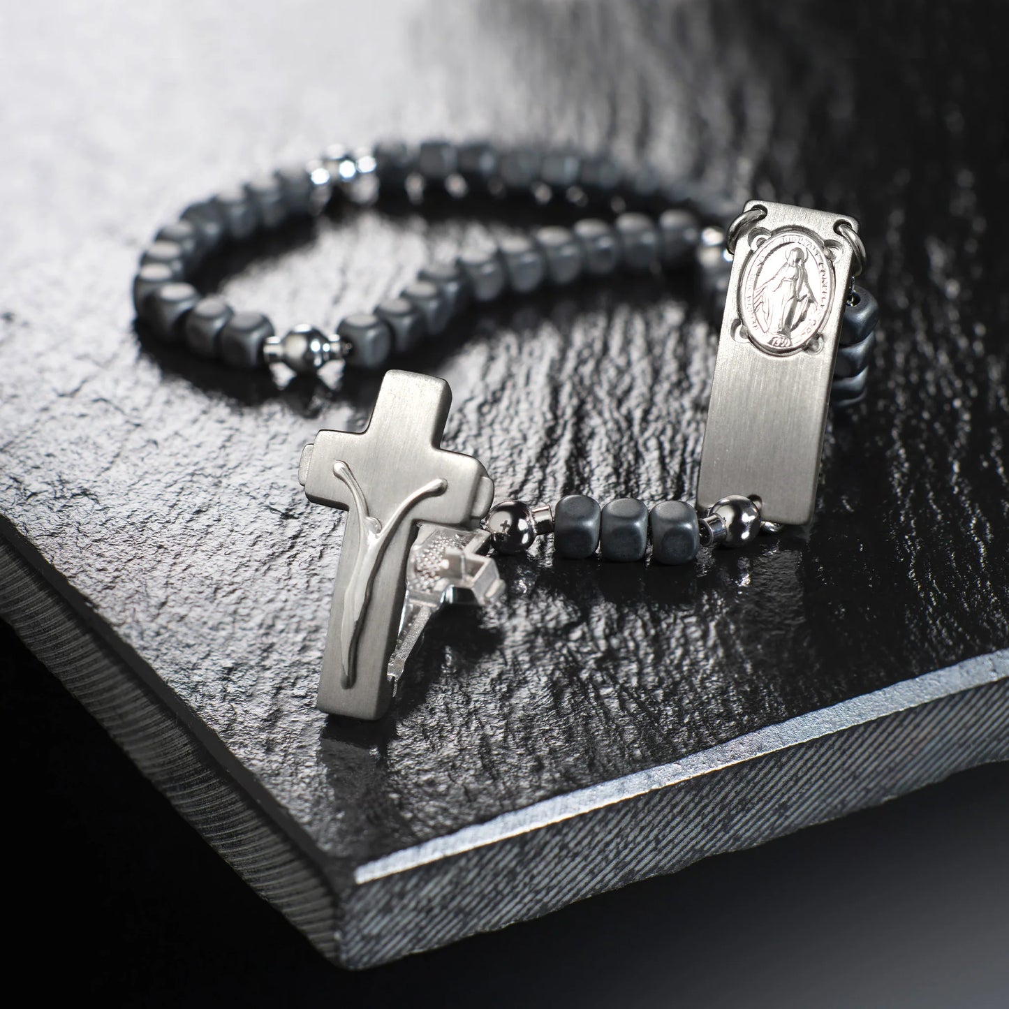 ROSALET® SQUARE MATTE HEMATITE BEADS, STERLING SILVER & ROUND PATER, MODERN