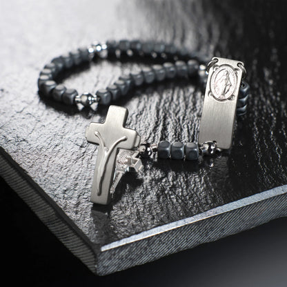 ROSALET® SQUARE MATTE HEMATITE BEADS, STERLING SILVER & ROUND PATER, MODERN