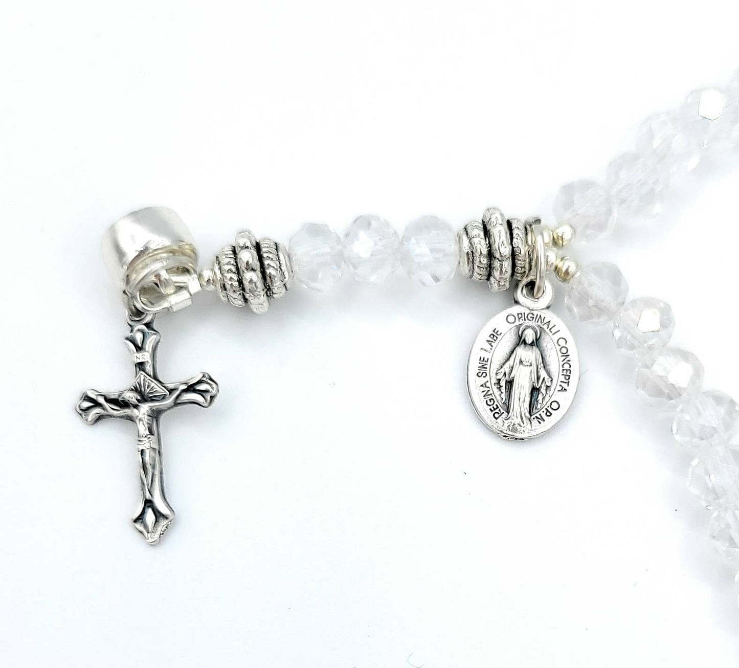 CLEAR CRYSTAL WRIST ROSARY FIVE DECADE W/AB COATING