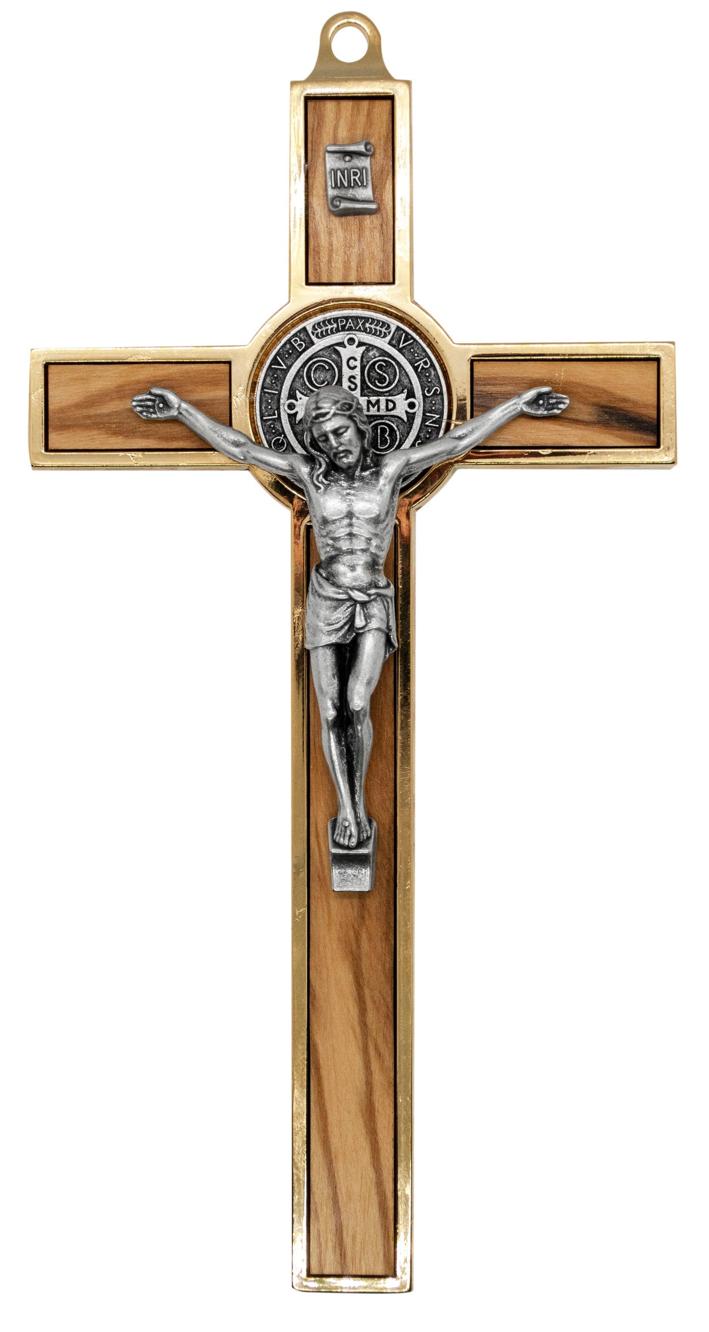8" ST. BENEDICT WALL CRUCIFIX W/ OLIVE WOOD INLAYS