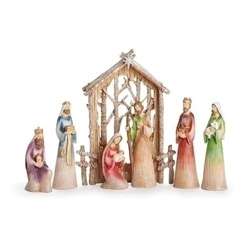 9.5"H 7 PIECE SET NATIVITY W/BIRCH BACKDROP