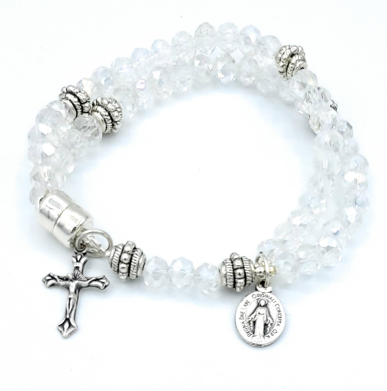 CLEAR CRYSTAL WRIST ROSARY FIVE DECADE W/AB COATING