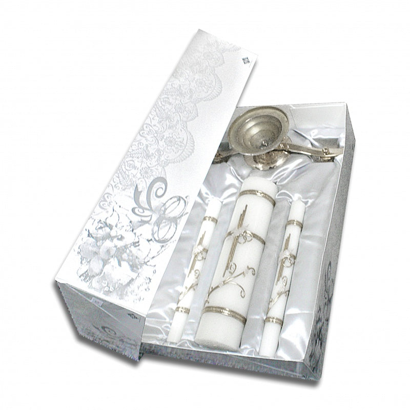 SILVER WEDDING CANDLE SET W/ CANDLE HOLDER