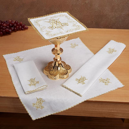 EMBROIDERED JERUSALEM CROSS LACE TRIM MASS LINEN GIFT SET