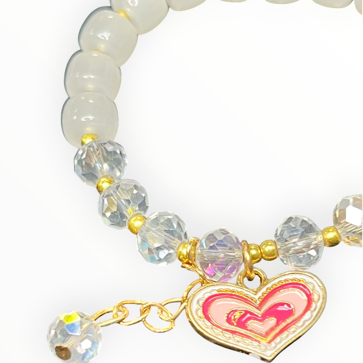Bracelet: White Jadite Stone Beads with Heart Charm