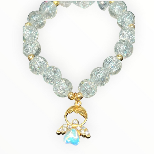 Bracelet: Clear Crackled Glass Beads w/ angel