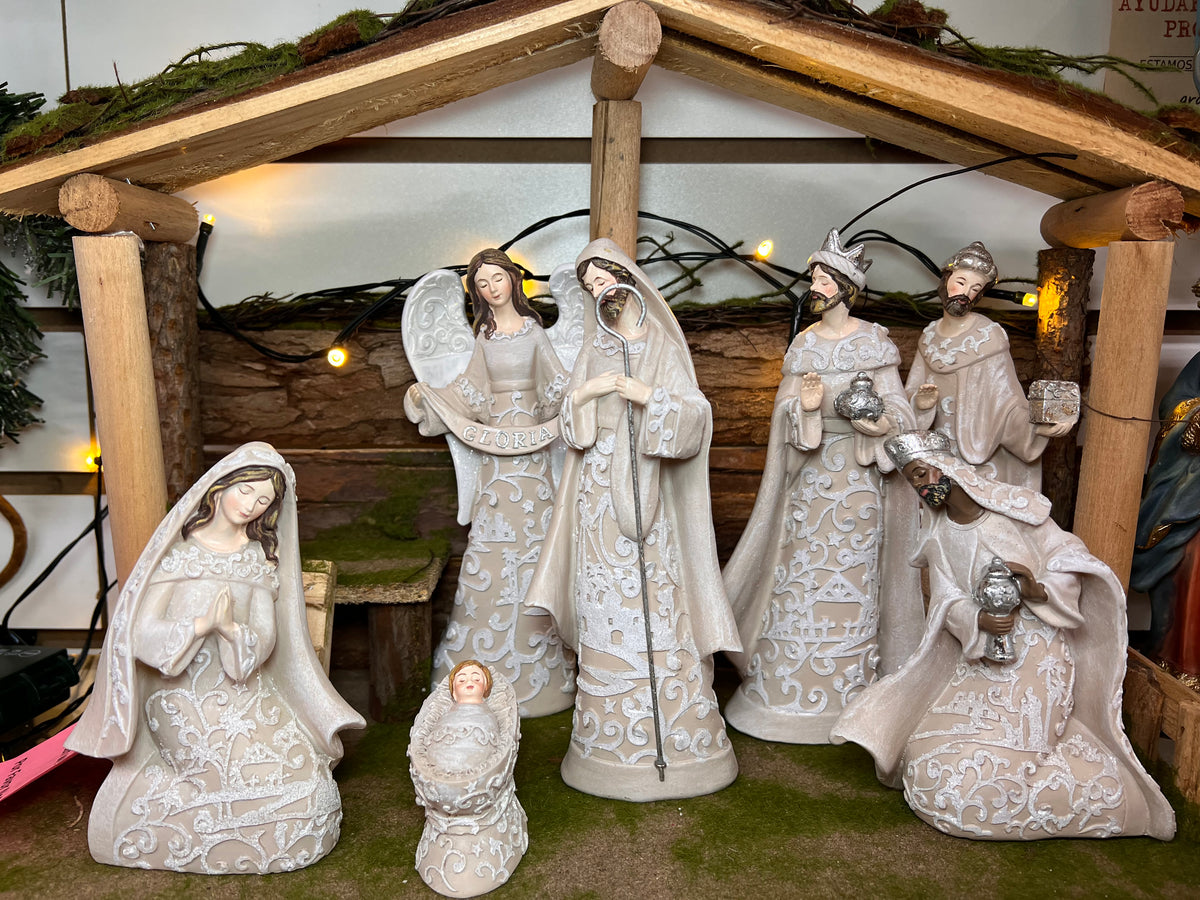 7-Pc Nativity Set W/ Angel Paper Cut Style 7.5"