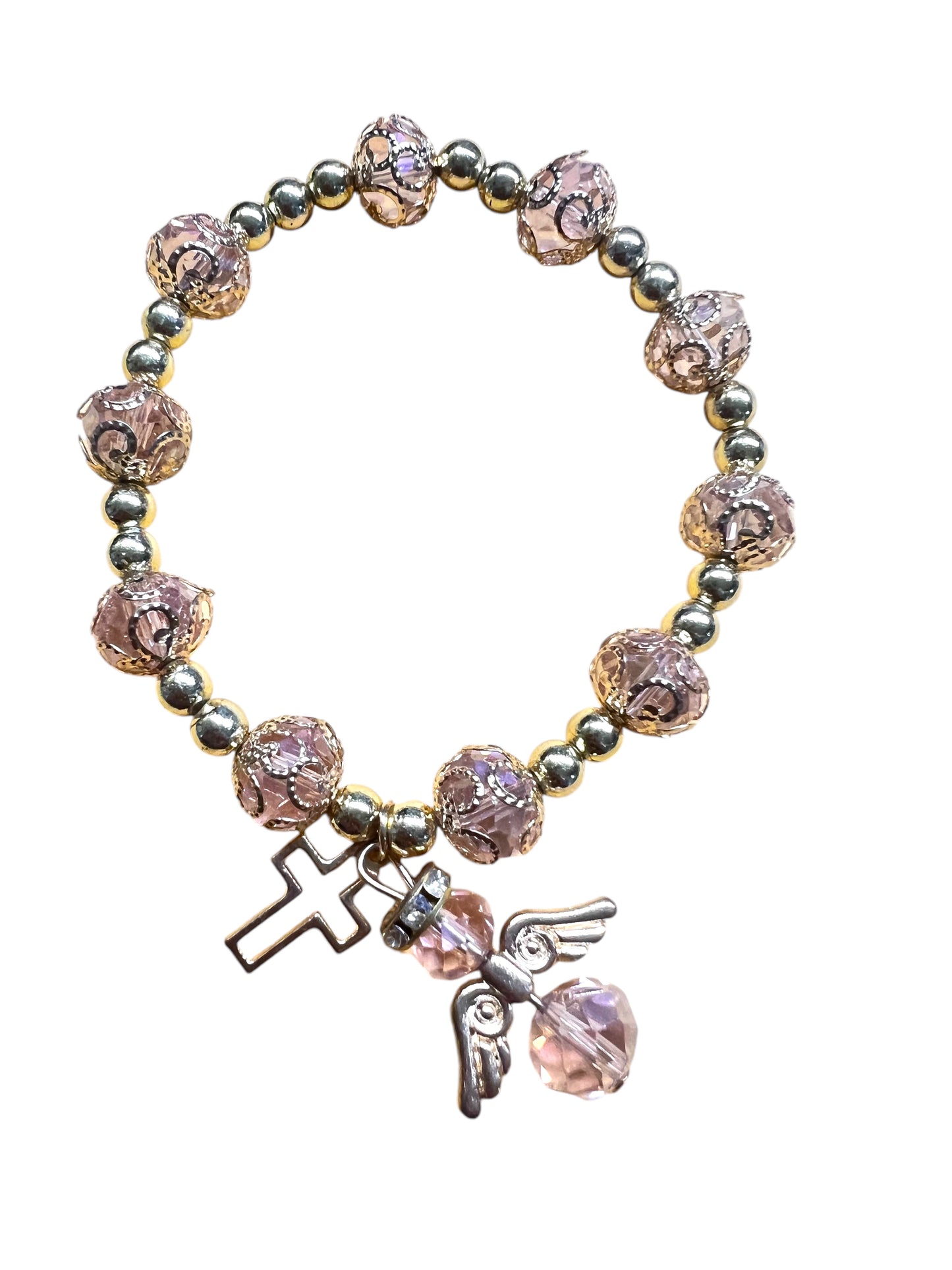 BRACELET: CAPPED GLASS WITH GOLDEN ANGEL & CROSS CHARMS