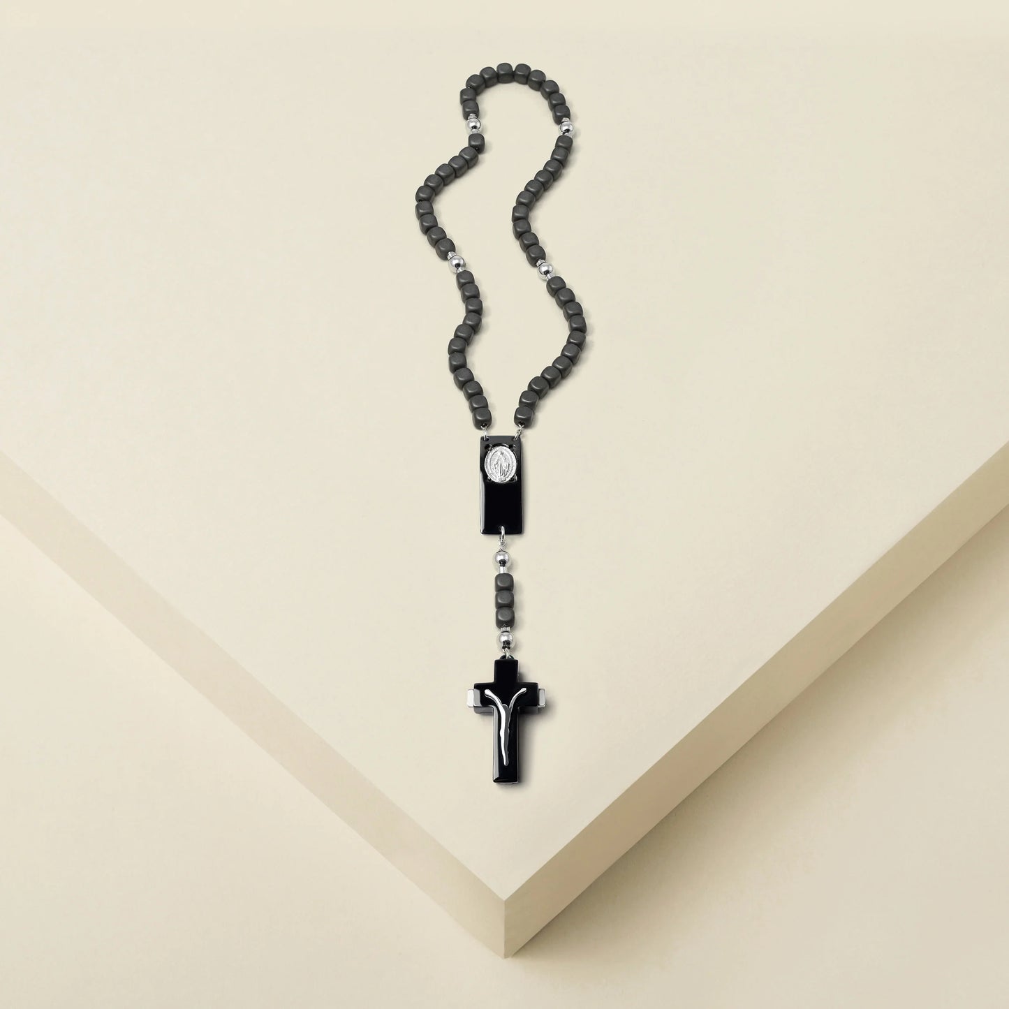 ROSALET® BLACK PVD - SQUARE MATTE HEMATITE BEADS, STERLING SILVER & ROUND PATER, MODERN