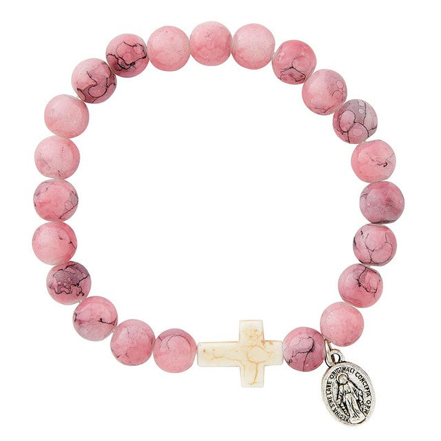 ROSE MARBLE STONE CROSS MIRACULOUS MEDAL BRACELET