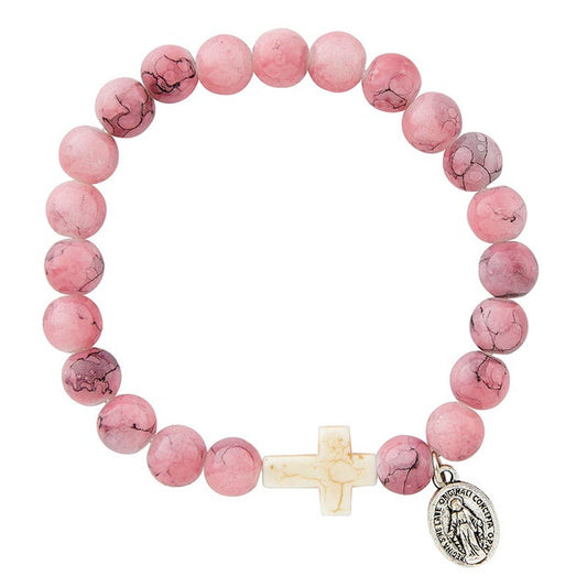 ROSE MARBLE STONE CROSS MIRACULOUS MEDAL BRACELET