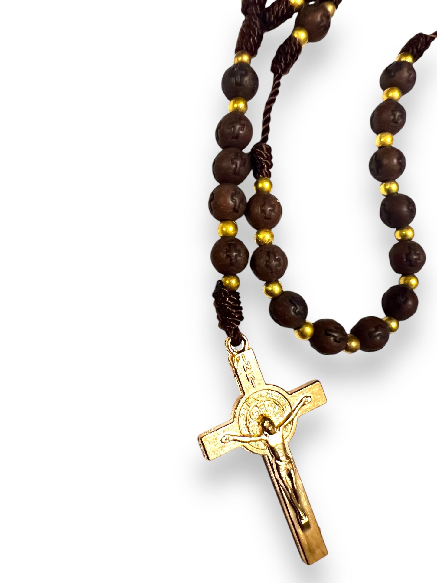 ST. BENEDICT DARK BROWN WOODEN ROSARY W/ CORD