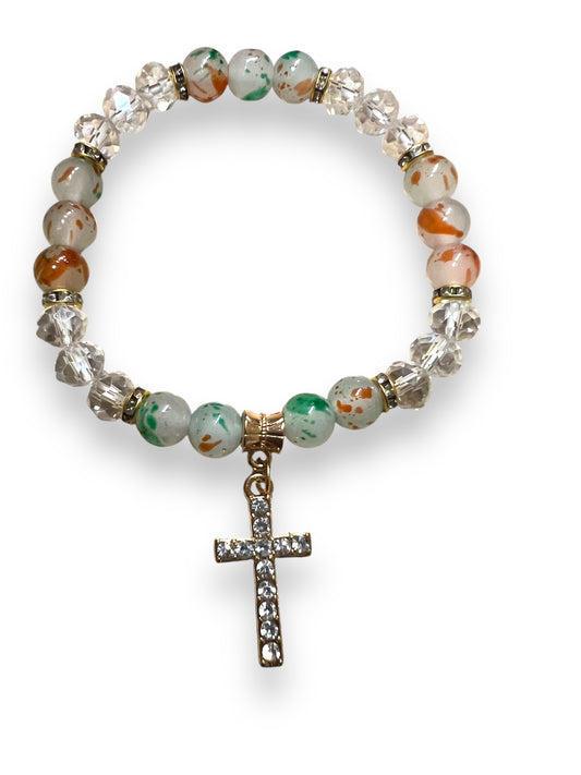 BRACELET: COLORED GLASS WITH RHINESTONE CROSS