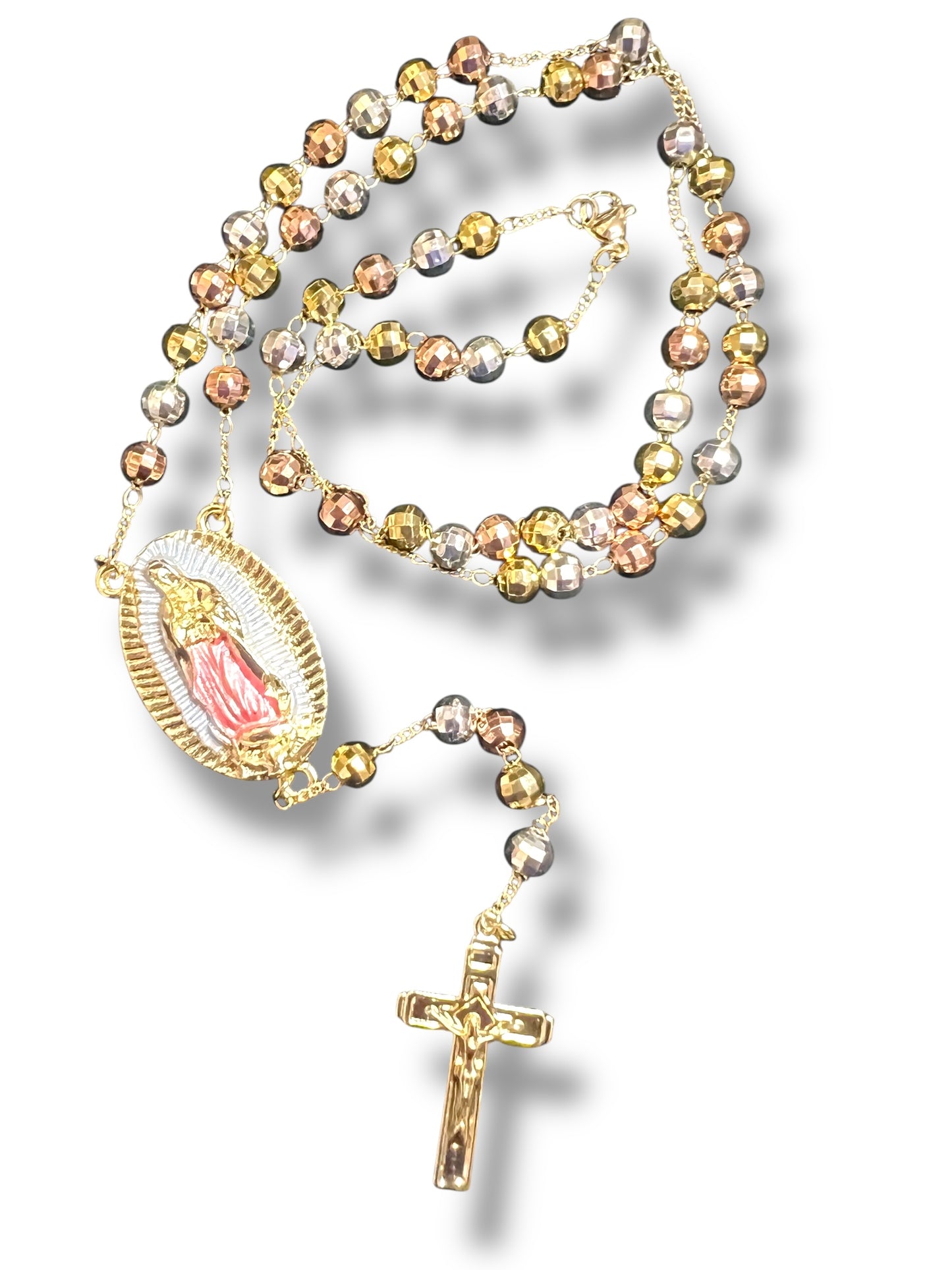18K GOLD LAYERED TRICOLOR ROSARY PENDANT NECKLACE: OL GUADALUPE
