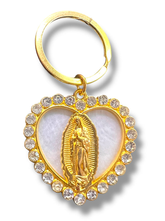 KEYCHAIN: 2" HEART-SHAPED OUR LADY OF GUADALUPE W/ RHINESTONE