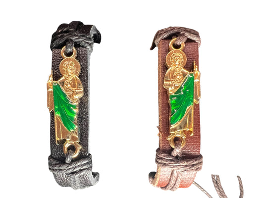 BRACELET: LEATHER METAL ST. JUDE PLATE