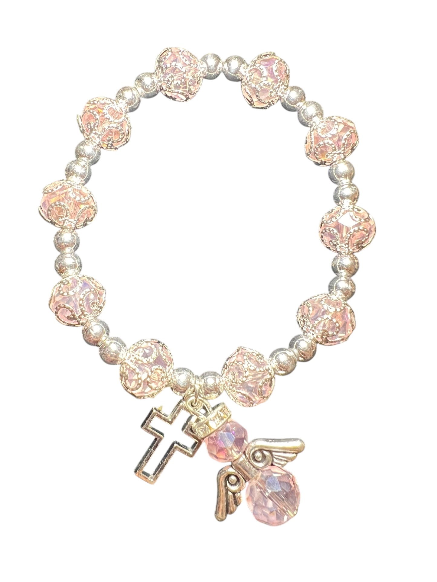 BRACELET: CAPPED GLASS WITH ANGEL & CROSS CHARMS