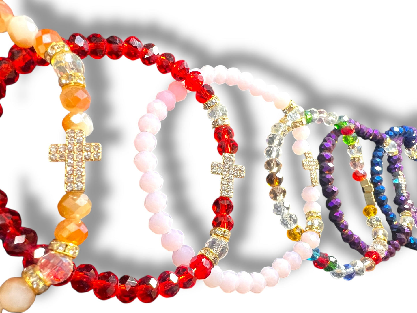 BRACELET: ASSORTED COLORED GLASS WITH CROSS CHARM