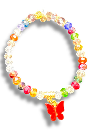 BRACELET: ASSORTED COLORED GLASS WITH BUTTERFLY CHARM