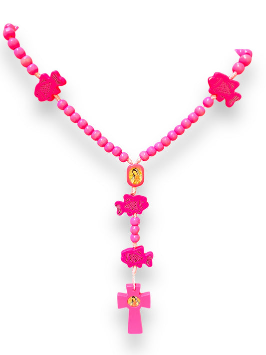 OUR LADY OF GUADALUPE/DIVINE CHILD HOT PINK WOODEN ROSARY