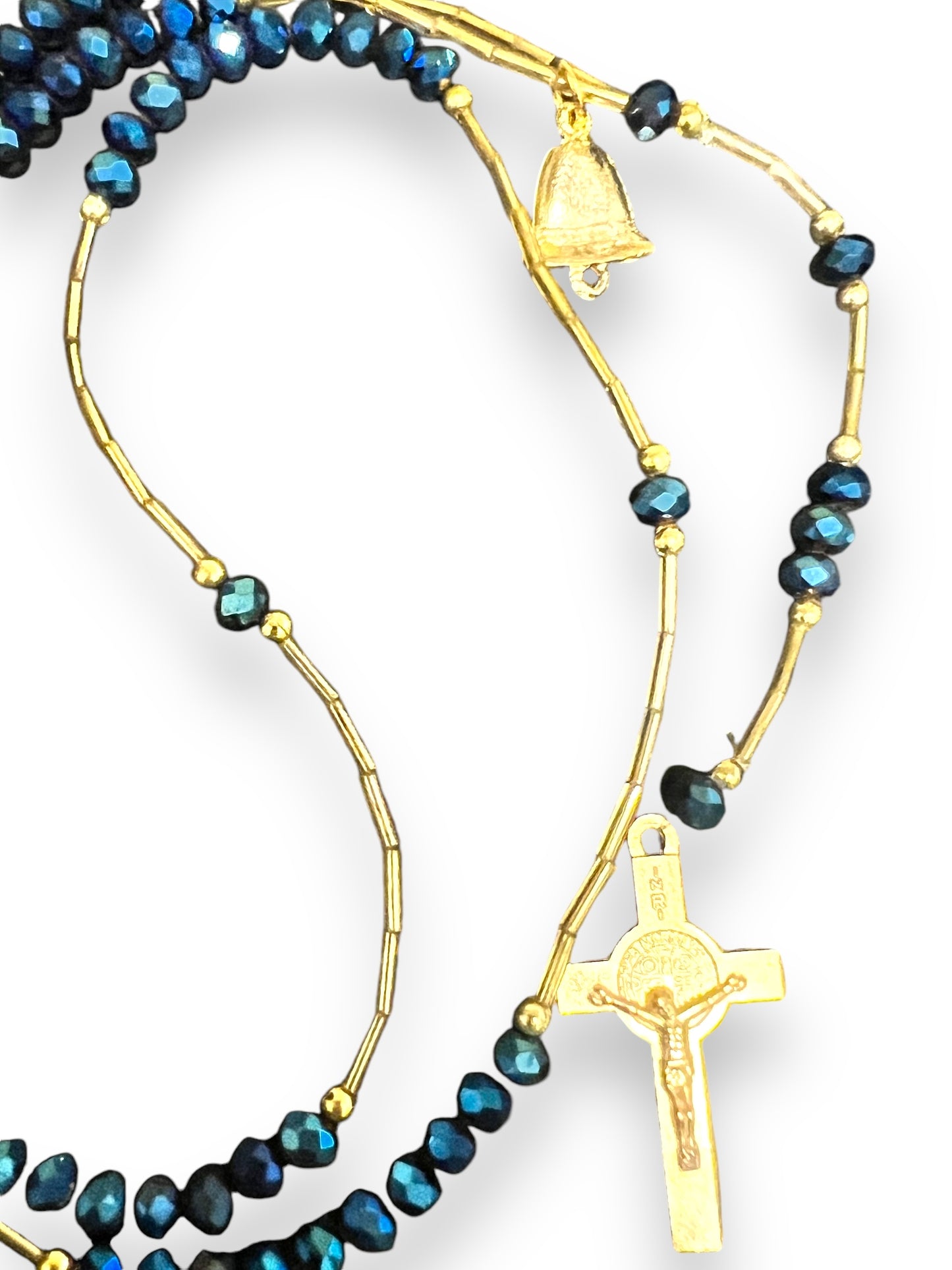 PEACOCK BLUE CRYSTAL ROSARY ON STRING W/ ST. BENEDICT CROSS