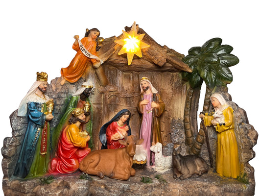 10" CHRISTMAS LIGHTED RESIN NATIVITY STABLE