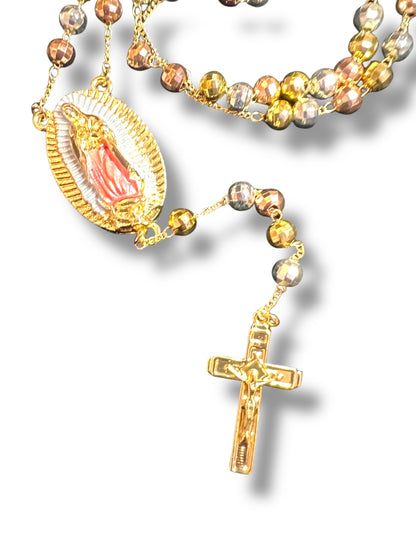 18K GOLD LAYERED TRICOLOR ROSARY PENDANT NECKLACE: OL GUADALUPE