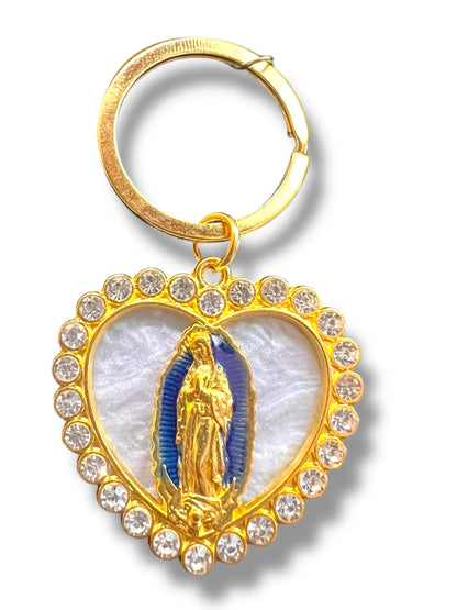 KEYCHAIN: 2" HEART-SHAPED OUR LADY OF GUADALUPE W/ RHINESTONE