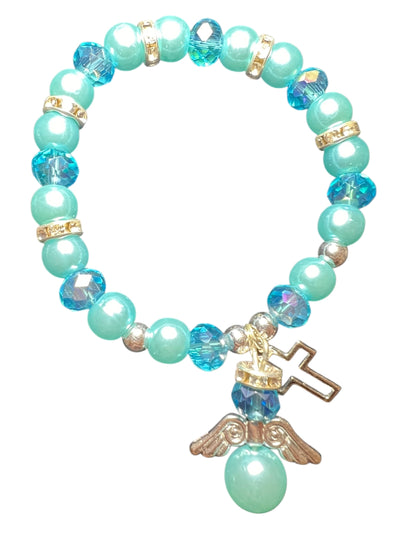 BRACELET: COLOR GLASS/PLASTIC WITH ANGEL & CROSS CHARMS