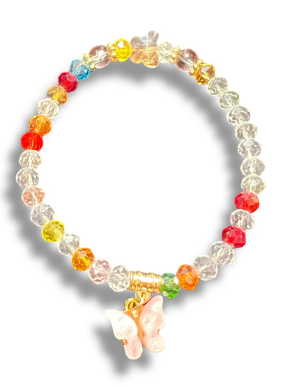 BRACELET: ASSORTED COLORED GLASS WITH BUTTERFLY CHARM