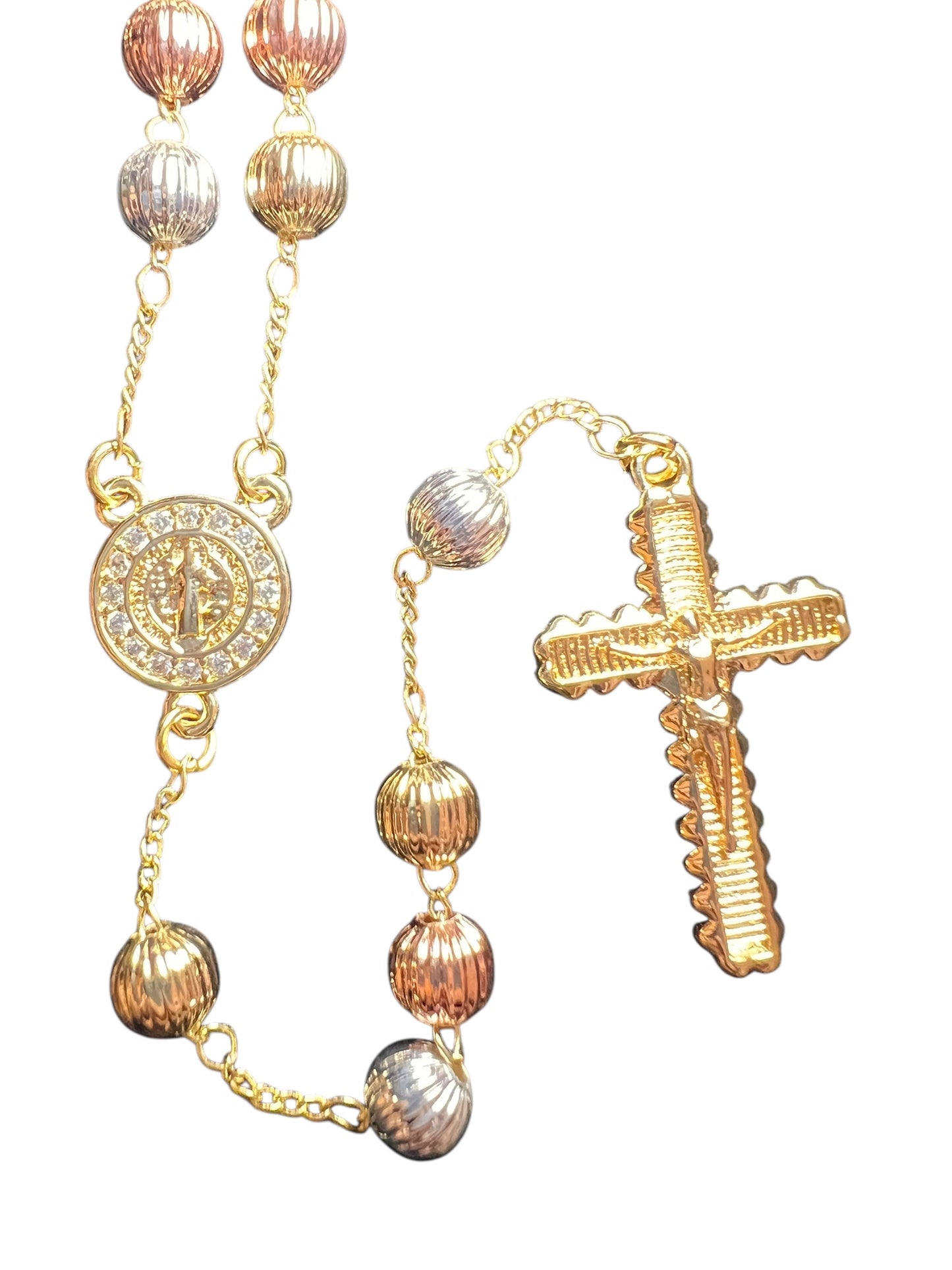 18K GOLD LAYERED TRICOLOR ROSARY PENDANT: ST. BENEDICT