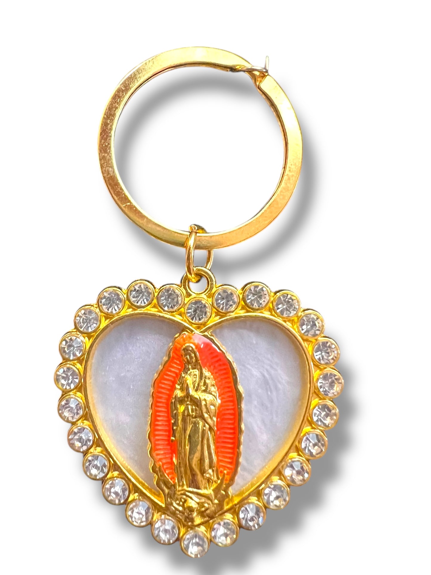 KEYCHAIN: 2" HEART-SHAPED OUR LADY OF GUADALUPE W/ RHINESTONE