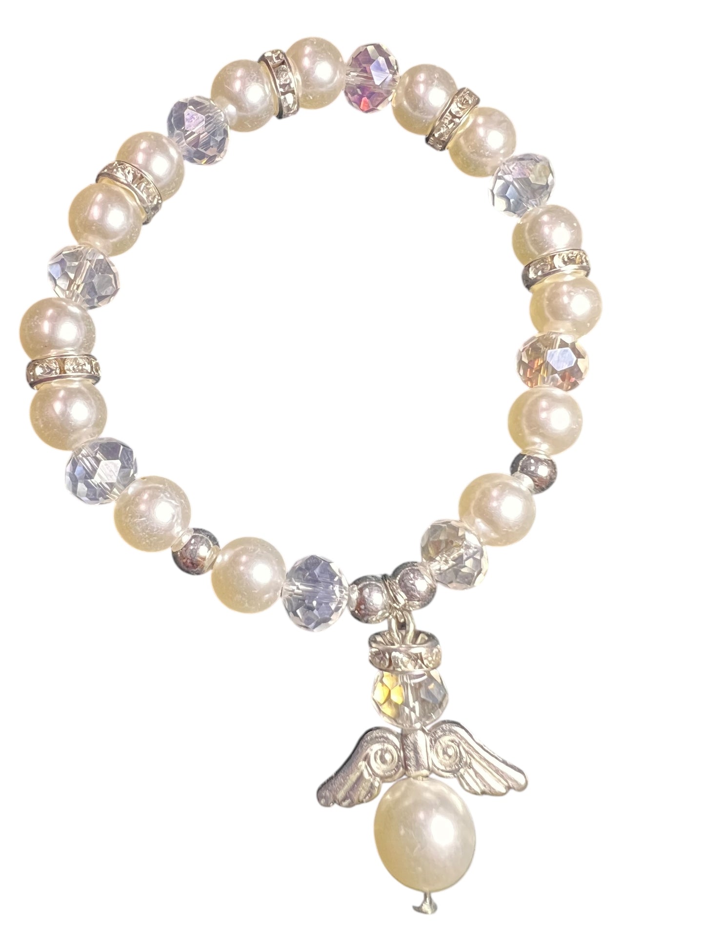 BRACELET: COLOR GLASS/PLASTIC WITH ANGEL & CROSS CHARMS