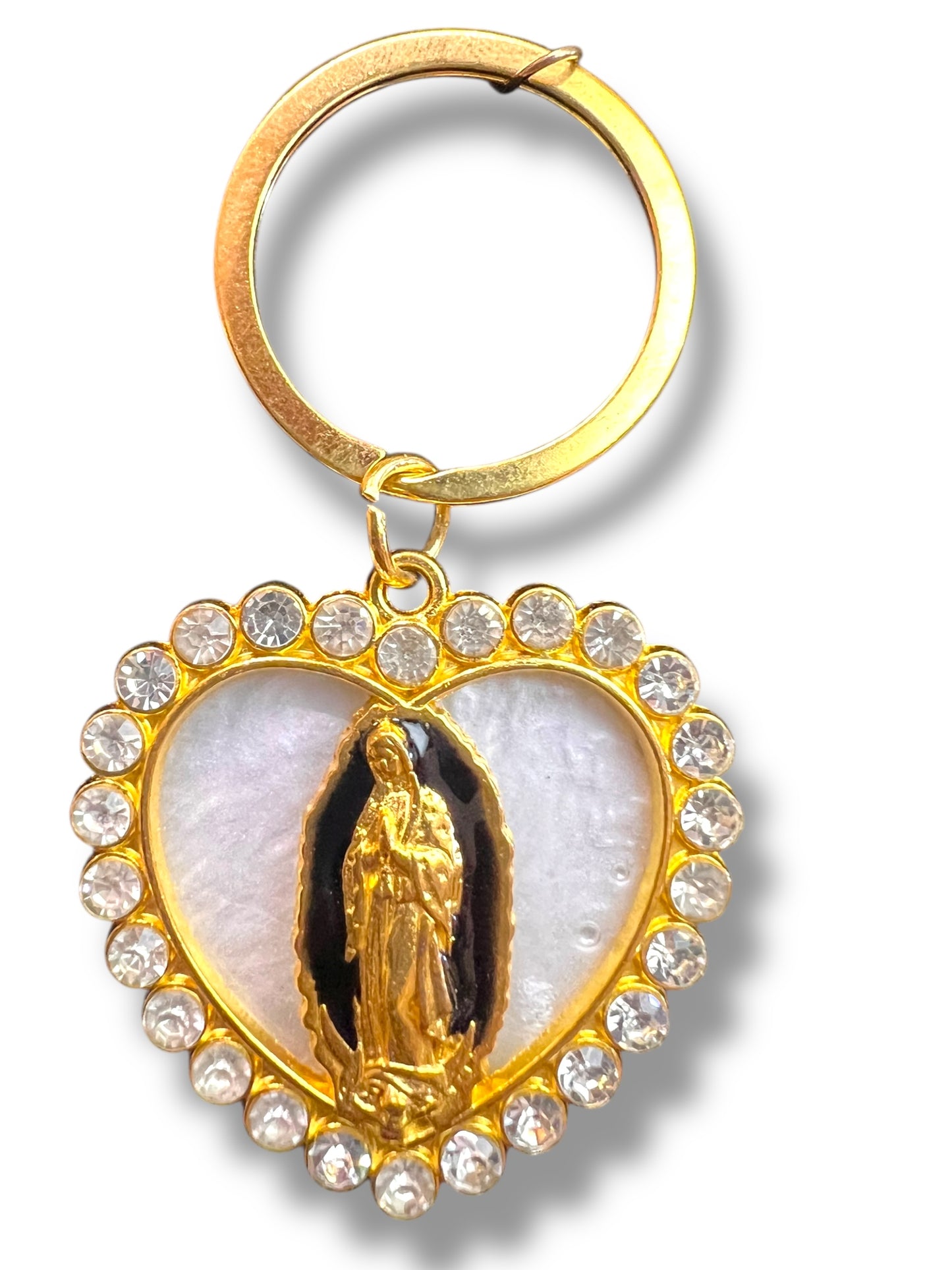 KEYCHAIN: 2" HEART-SHAPED OUR LADY OF GUADALUPE W/ RHINESTONE