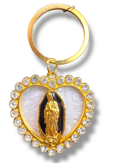 KEYCHAIN: 2" HEART-SHAPED OUR LADY OF GUADALUPE W/ RHINESTONE