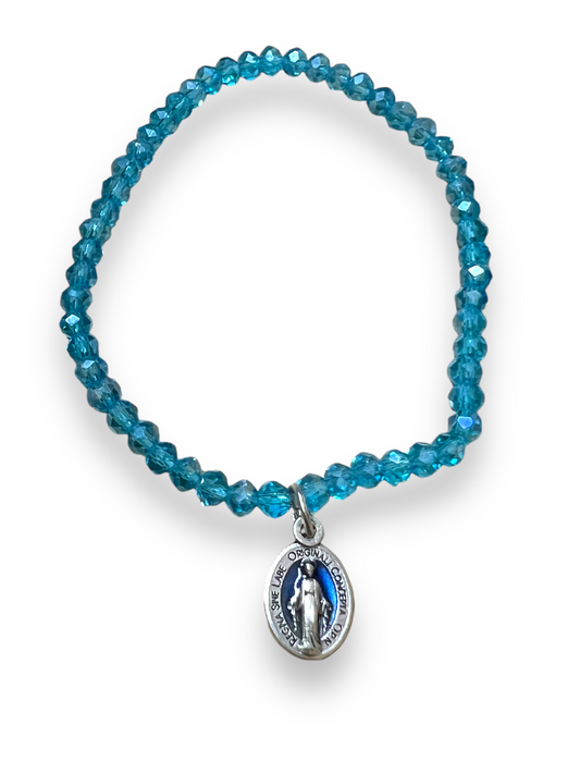 BRACELET: BABY BLUE CRYSTAL W/ MIRACULOUS MEDAL CHARM