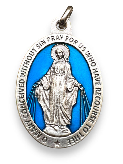 OXIDIZED ITALIAN MEDAL: BLUE ENAMELED: OUR LADY OF MIRACULOUS MEDAL