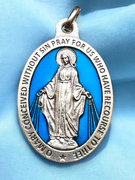 OXIDIZED ITALIAN MEDAL: BLUE ENAMELED: OUR LADY OF MIRACULOUS MEDAL