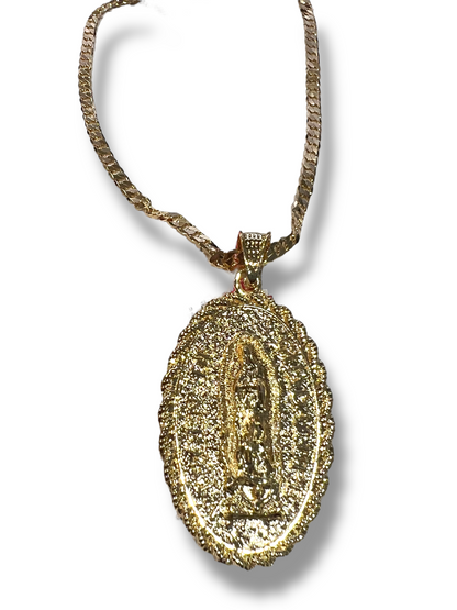 2"H LARGE ST. JUDE/OL GUADALUPE MEDAL WITH 24" CHAIN-18k GOLD LAYERED