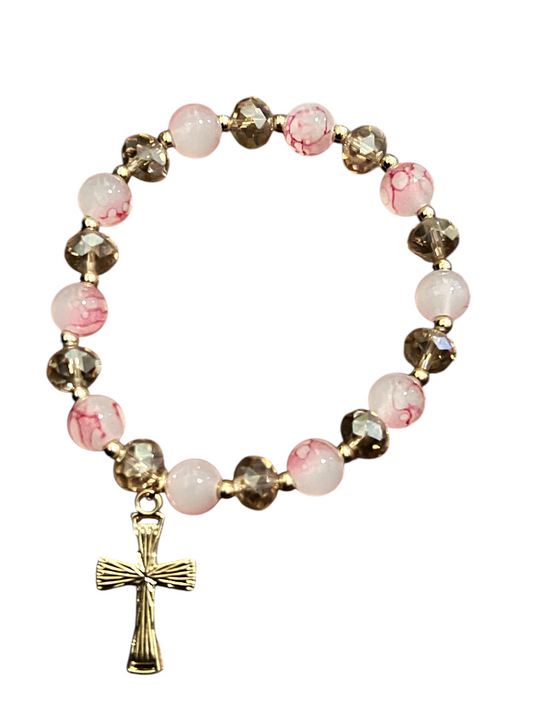 BRACELET: BABY PINK WITH GOLD CROSS CHARM