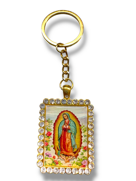 KEYCHAIN: 2" FULL COLOR OUR LADY OF GUADALUPE SQUARED WITH RHINESTONE