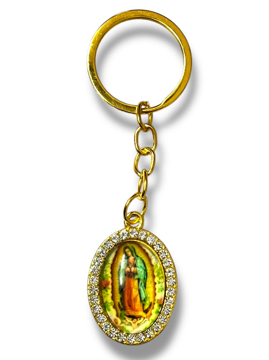 KEYCHAIN: 1.5" FULL COLOR OUR LADY OF GUADALUPE OVAL WITH RHINESTONE