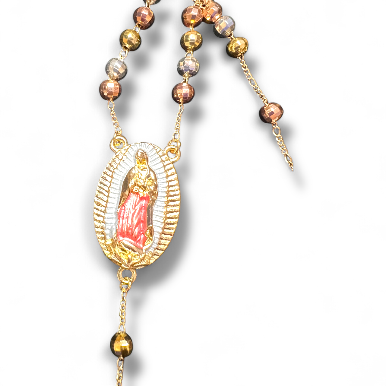 18K GOLD LAYERED TRICOLOR ROSARY PENDANT NECKLACE: OL GUADALUPE