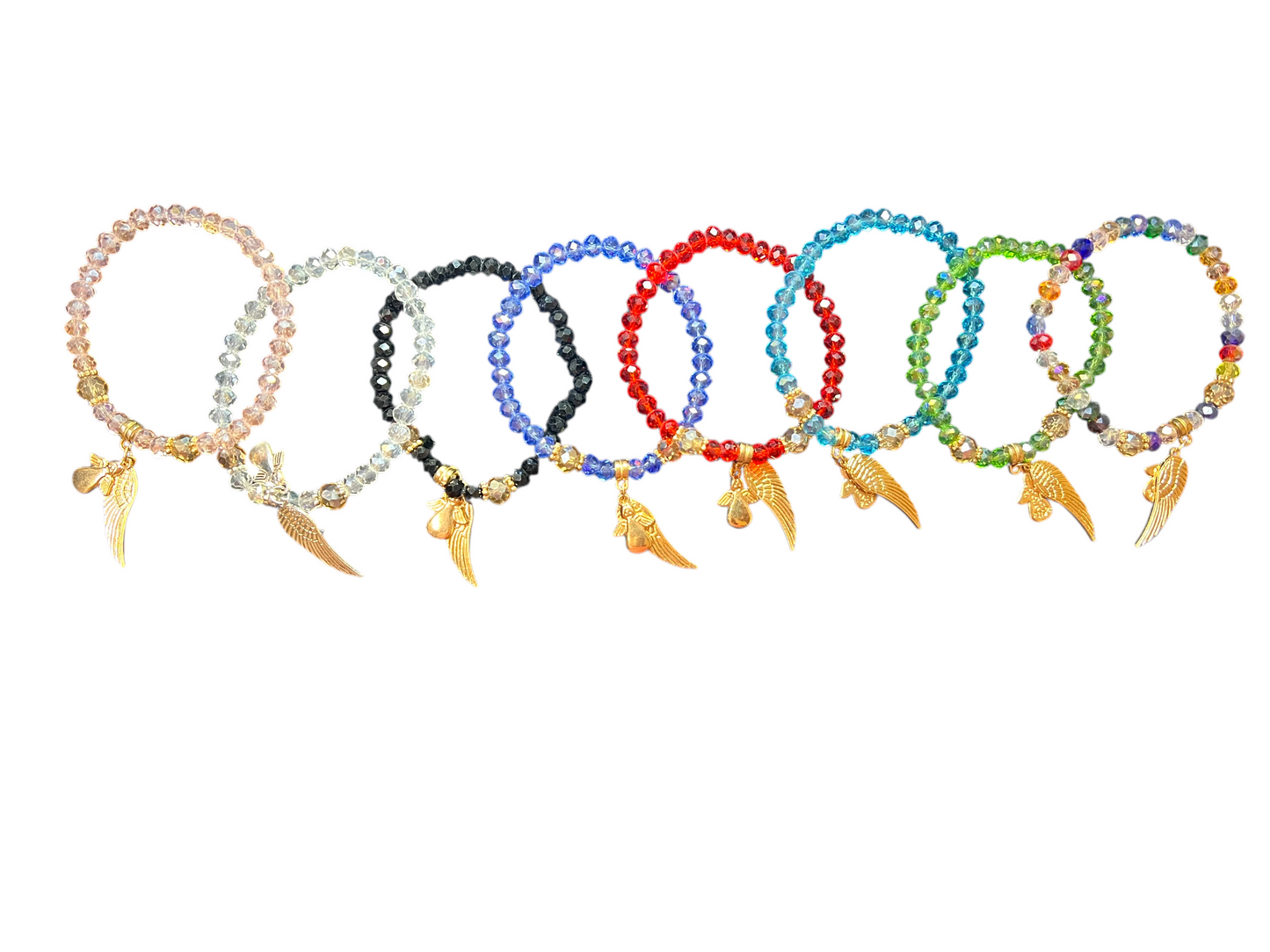 BRACELET: ASSORTED COLORED GLASS WITH GOLDEN ANGEL & WING CHARMS
