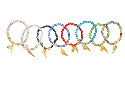 BRACELET: ASSORTED COLORED GLASS WITH GOLDEN ANGEL & WING CHARMS